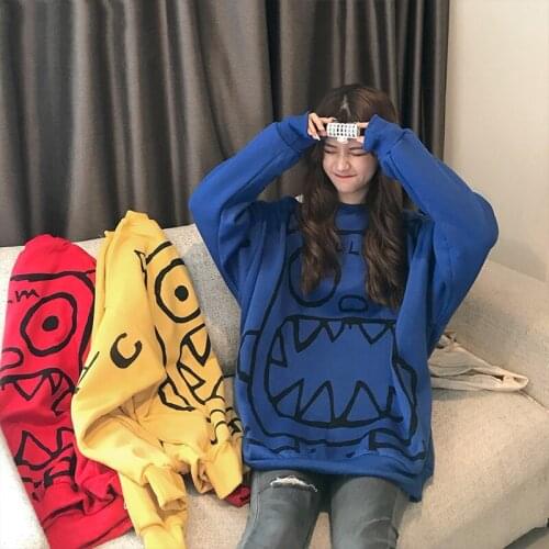 Hoodies Women Printed Loose O-Neck Soft Kawaii All-match Hoodie Korean Style Simple High Quality Sweatshirt Womens Pullovers