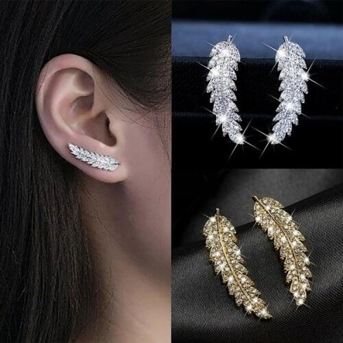 Gorgeous Feather Ear Climbers Cuff Earrings Crystal Rhinestone Leaves Cluster Wedding Earrings for Women Jewelry Accessorie Gift