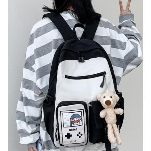 Multi-pocket Waterproof Nylon Women Backpack Female Contrast Color Insert buckle Girls schoolbag Cartoon printing Backpack