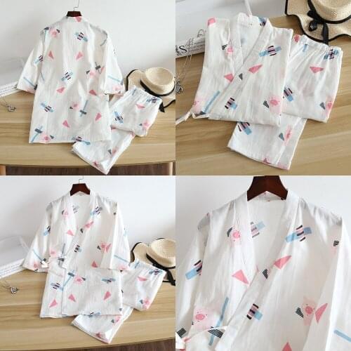 Japanese Kimono 2-piece Pure Cotton Gauze Ladies Pajamas Suit Spring and Summer New Tops + Trousers Home Service Suit Plus Size