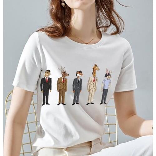 Womens T-shirt Classic O-neck White All-match Ladies Tops Cartoon Anime and Cute Animal Pattern Series Short Sleeve Tee Clothes