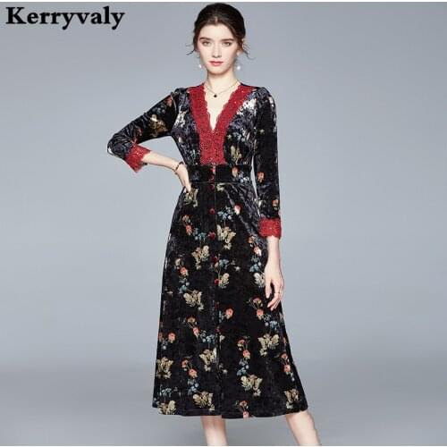 Lady Lace Splicing Velvet Printed Flower Winter Dress Women Vintage Gothic Long Sleeve Midi Party Dress Dames Jurken K8723