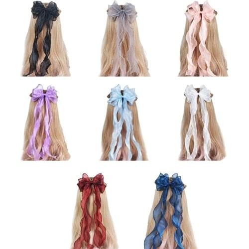 Women Girls 3-Layer Big Bowknot Hair Clip Solid Color Glitter Long Ribbon Hairpins Ponytail Styling Braids Barrettes