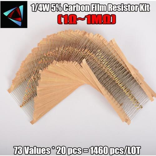 1/4W 5% 1R -1 Mohm 73 Values Arrival High Quality 1460 pcs Carbon Film Resistor Kit Pack Mix Assortment
