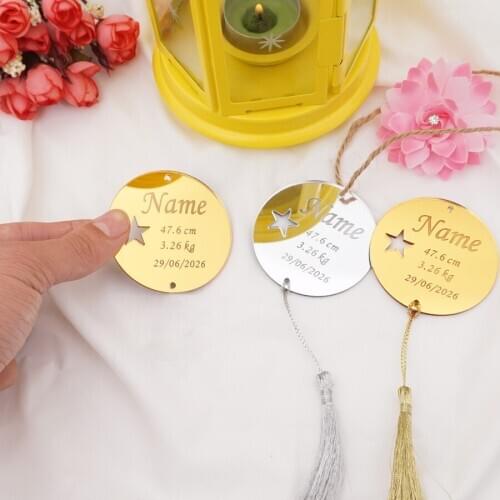 20 Pieces Custom Babyshower Mirror Round Tags with Hollow Out Star Personalized Name Invitation Card Party Decor With Tassel