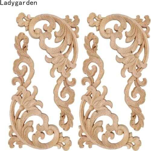 4PCS Woodcarving Decal Corner Applique Frame Door Decorate Wall Doors Furniture Decorative Statues Wooden Sculptures