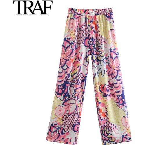 Traf Women Clothing Spring Autumn Vintage Streetwear Elastic High Waist Wide Leg Sweat Pants French Fashion Chic Print Trousers