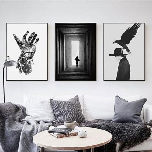 Black and white creative nature human man eagle bear tree modern Nordic decorative Picture Canvas Wall Art Poster for room decor