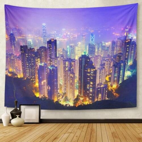 Cityscape Hong Kong Skyline Night City Tapestry Wall Hanging for Living Room Bedroom Dorm 60x80 Inches
