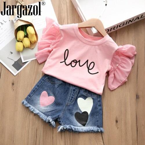 Girls Clothes Set Butterfly Sleeve Shirt with Love and Jeans Shorts High Quality Summer Children Outfits Suit Kids Sets