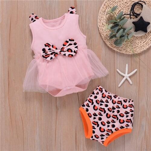 Infant Baby Girl Clothes Set Summer Romper Tutu Skirt Pink Leopard Bow Shorts Headband 2Pcs Outfit New Born Clothing