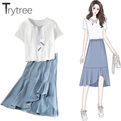 Trytree Summer Women Two Piece Set Casual Striped Ribbons Knitted Tops + Ruffles Skirt Elasitc Waist Office Lady 2 Piece Suit