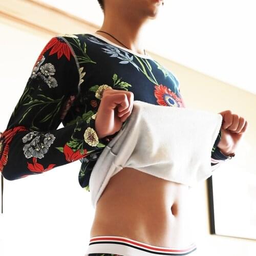 Mens Thermal Underwear Tops Thick Plus Velvet Printing Thermo Thick Pajamas Compression Underwear T-shit