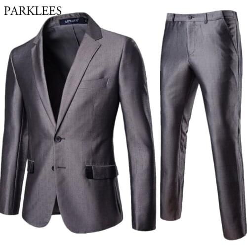 2018 New Gray Men Tuxedo Suits With Pants Slim Fit Single Breasted 2 Pieces (Jacket+Pants) Formal Business Groom Terno Masculino