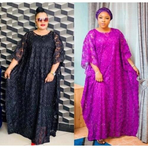 New Style Classic African Womens Dashiki Fashion Abaya Stylish Net Lace Gauze Bat Sleeve Loose Long Dress + Inside Free Size