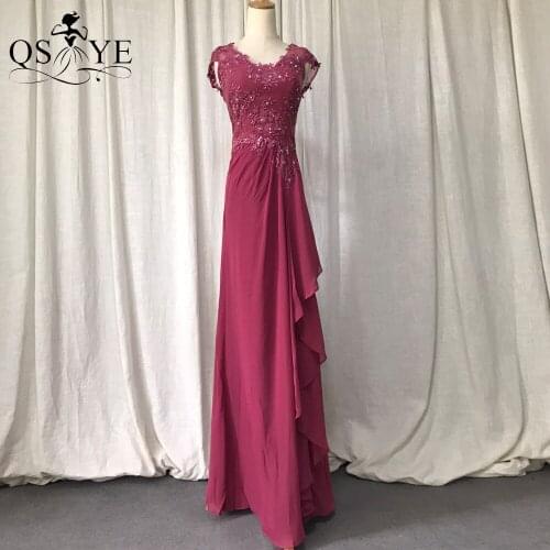 Red Lace Prom Dress Cap Sleeves Chiffon Evening Gown V Neck Straight Party Gown Ruched Pleat Women Pleat Cheap Red Evening Dress