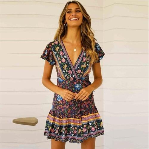Liyuan Floral Beach/Summer Dress 2019 Blue Wrap Dress Women cotton Short sleeve belt slim waist Sexy bohemian Vestido 8 54