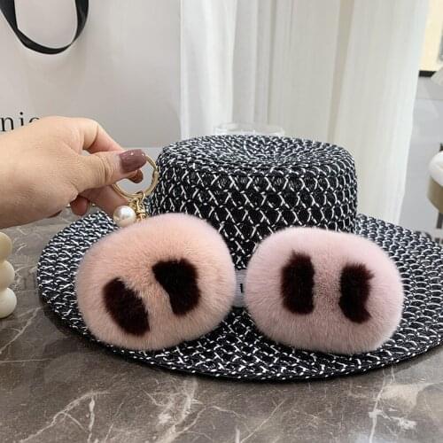 Fluffy Soft Rex Rabbit Fur Keychain Cute pig nose Women Bag Pendant Fur Ball Car Keyring Pompom Metal Key holder Jewelry