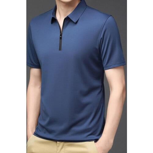 Turn-down Collar Men Shirt Solid Color Casual Zipper Short Sleeve Stretchy Shirt Streetwear High Quality Summer Beach Shirt