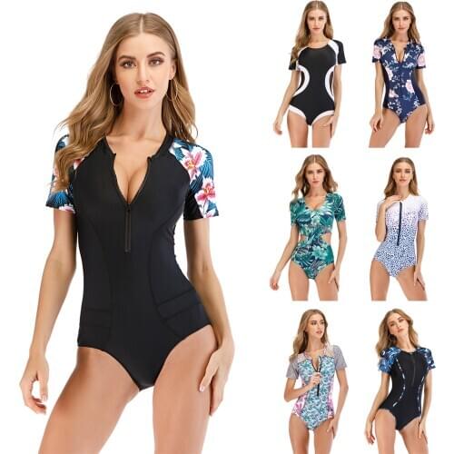 Sexy Surf Rashguard Short Sleeve Swimwear Women One Piece Swimsuit Rash Guard Swimsuit Bathing Suit Beach Wear Bodysuit Monokini