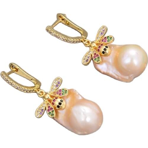 GG Jewelry 20x31MM Cultured Pink keshi Pearl Cz pave Insect Lever back Earrings
