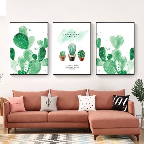 Nordic Cartoon Green Cactus Poster Watercolour Poster Canvas Print Painting Wall Art Living Room Home Decoration