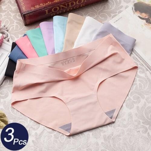 Womens Panties Silk Underwear For Women Seamless Panty Set Mid-waist Panties Women 3PCS Lingerie Briefs Underpants