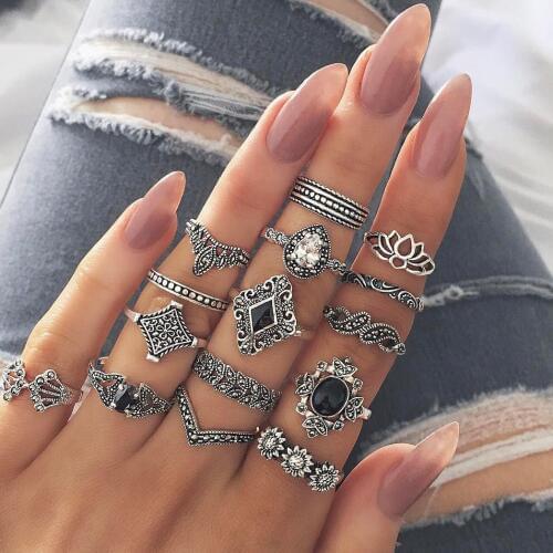 15pcs/set Vintage Jewelry Knuckle Ring Set For Women Fashion Anelli Femme Stone Antique Midi Finger Rings Boho Jewelry
