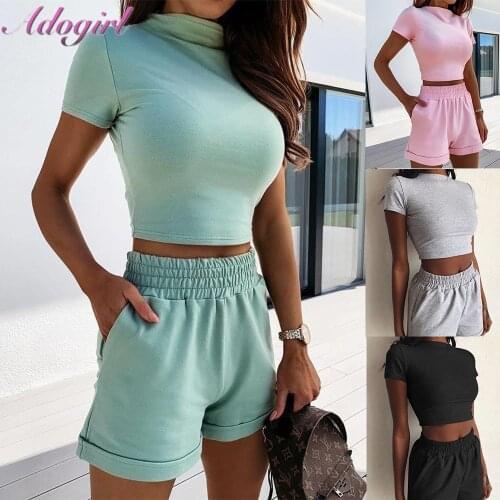 Women Workout Active two Piece Set Solid Short Sleeve Crop Tops T-Shirt Bikers Shorts Pants Suit Jogging Outfit Sporty Tracksuit