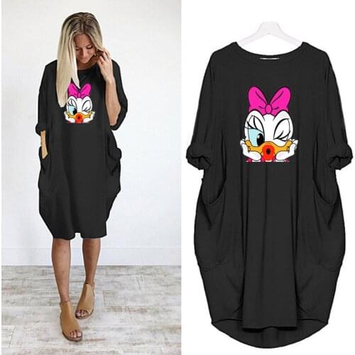 Disney Woman Dress Loose Daisy Cartoon Midi Dresses Spring Autumn Pockets Robe Femme Kawaii Vestido Casual Harajuku Clothes