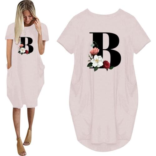 2021 Initials B Letter Printed Women Summer Casual Loose Dress With Pocket Ladies Fashion O Neck Long Tops Female T Shirt Dress