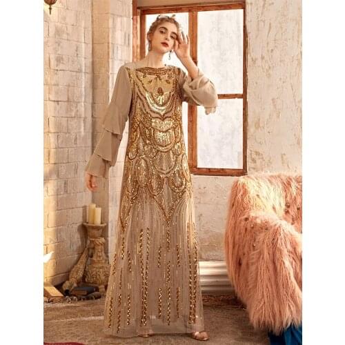 Women Gold Sequins Dress Long Chiffon A Line Ruffle Sleeve Dubai Morocco Oman Muslim Evening Party Eid Luxury Gown Abaya Caftan