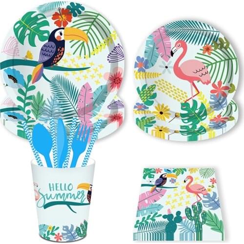 Flamingo Birthday Party Decoration Palm Leaves Paper Plates Cups Straws Paper Banner Summer Tropical Party Hawaiian Decorations