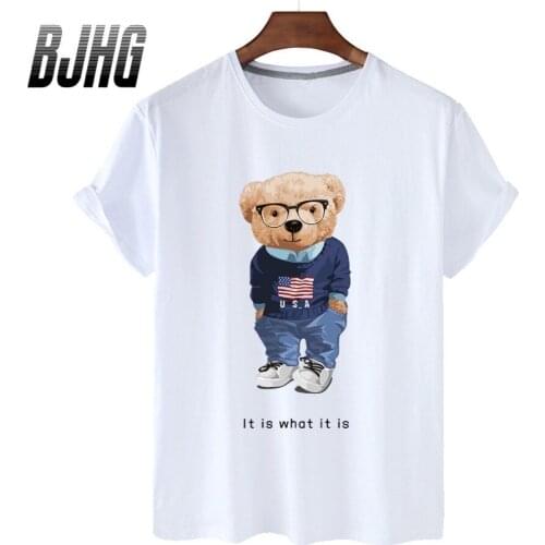 100% Cotton College Style Bear Print Short-sleeved T-shirt Female Half-sleeve Summer Casual Oversized T-shirt Male Shirt S-4XL
