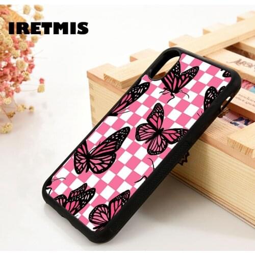 Iretmis 5 5S SE 6 6S TPU Silicone Rubber Phone Case Cover for iPhone 7 8 Plus X Xs 11 12 MINI Pro Max XR Pink Butterfly Checkers