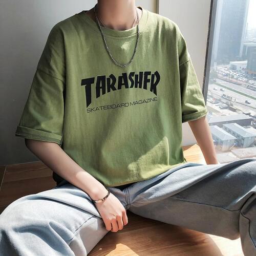 Summer Loose Mens T-shirt Korean Hip Hop Short-sleeved Teen Students Five-point Sleeve Boys Trend Green Harajuku Shirt