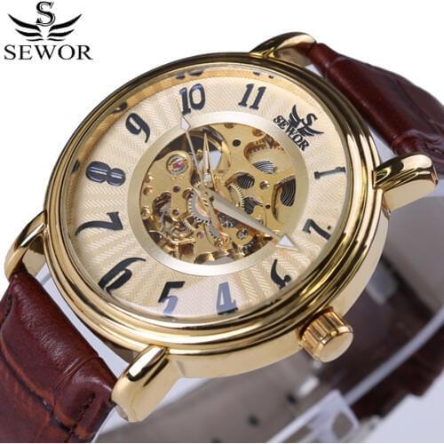 2017 SEWOR Hollow Engraving Skeleton Casual Designer Black Golden Case Gear Bezel Watches Men Luxury Brand Automatic Watches