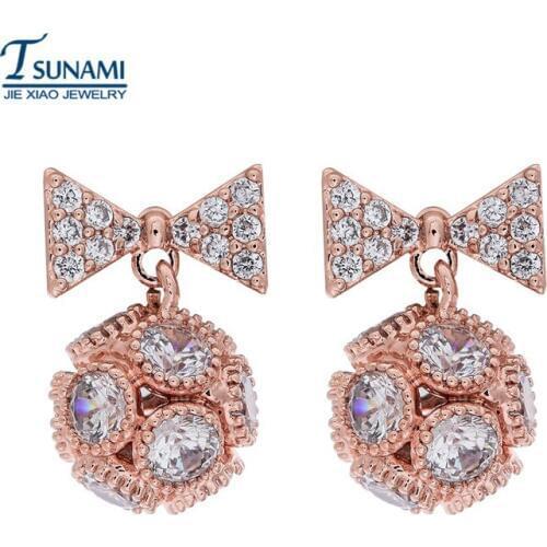 New Style Fashion girl famous brand spherical AAA zircon earrings Rose gold plating the bowknot of zircon earrings swing women