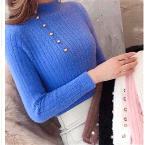 Faux Mink Velvet Button Bottom Slim Sweaters Women Warm Knitted Sweater Pullover Female Spring High Collar Solid Color