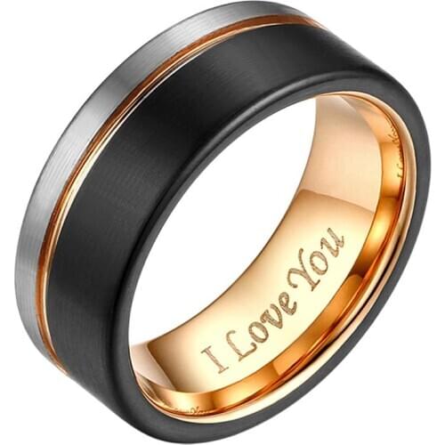 BONISKISS 8mm Tungsten Carbide Wedding Engagement Rings Men Women Black Silver Color I Love You Comfort Fit Size 6 to 13