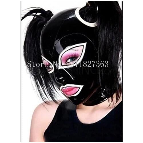 Black Sexy Latex Hood Mask Fetish Pull-through Holes For Hair ( no fake hair)