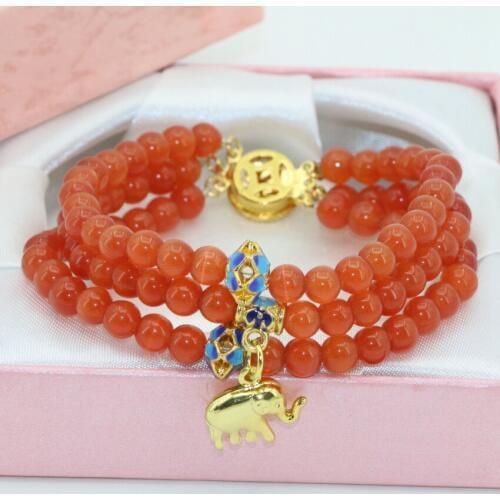 High quality new unique clasps 6mm round beads 3rows orange cat eyes multilayer bracelets for women gift jewelry 7.5inch B2778
