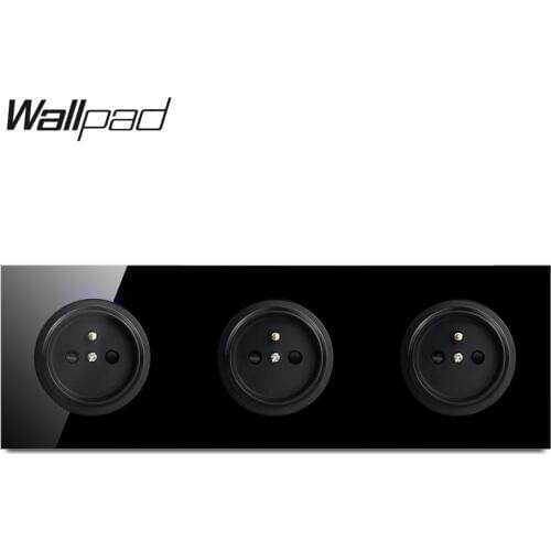 Wallpad L6 Black Triple Frame French Wall Socket Tempered Glass 3 Gang Electrical Power Outlet 16A Round Design