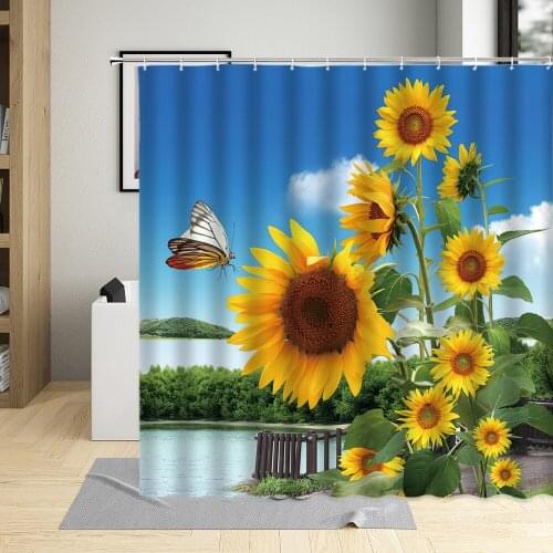 Yellow Sunflower Flower Pattern Washable Polyester Bath Curtain Bathroom Product Countryside Floral Shower Curtains With Hooks