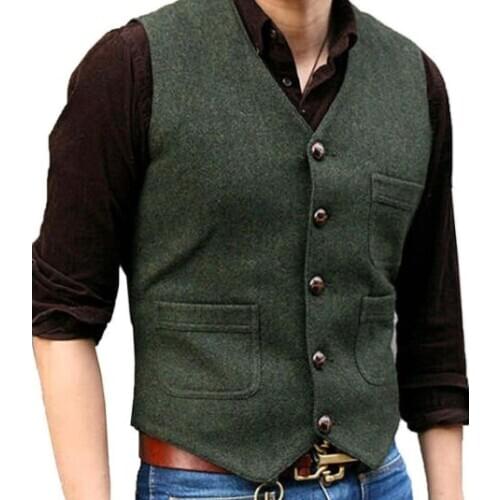 2020 New Business Mens Suit Official V-neck Wool Herringbone Tweed Casual Vest Official Business Vest Groomsman Wedding
