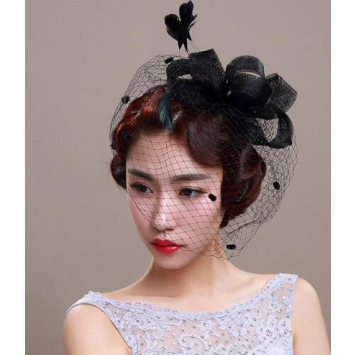 1Pc 7Colors Fashion Bride Hair Bow Hat Wedding Veil Photo Portrait Hairpin Gauze Cover Face Flower Feather Headdress