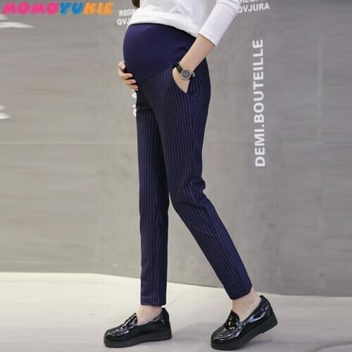 2020 Pregnant women belly pants winter striped elegant maternity formal trousers ankle-length pregnancy work clothes pockets