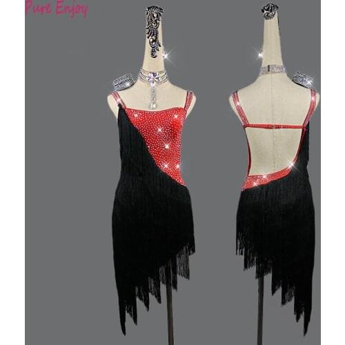 2020 New Latin Dance Dress Women Competition Costumes Custom Practice Skirts Shining Crystal red Thick Fringed Latin Dresses