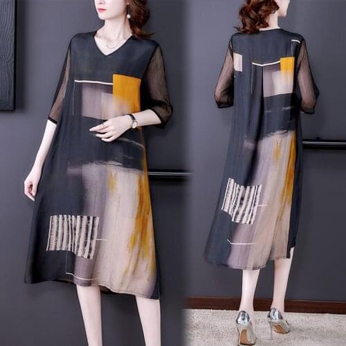2021 New Plus Size 4XL Womens Summer Dress Korean Loose V-neck Chiffon Printed Dress Ladies Robe Half Sleeve Vestidos aq843