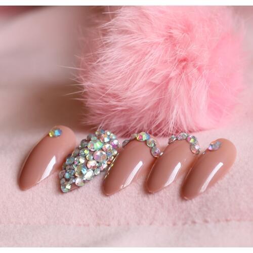 24pcs beautiful full diamond crystal diamond stiletto high candy color fake nails light Khaki W83